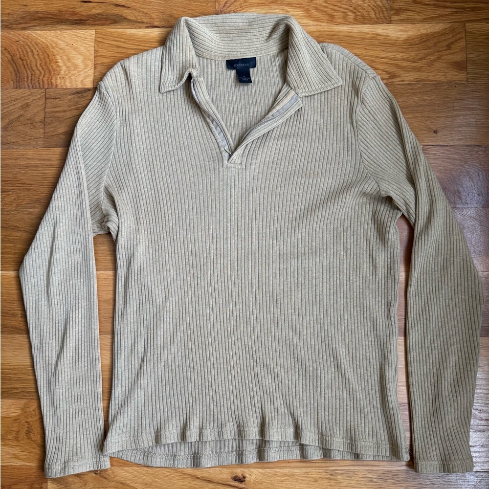Express Beige Ribbed Polo Shirt